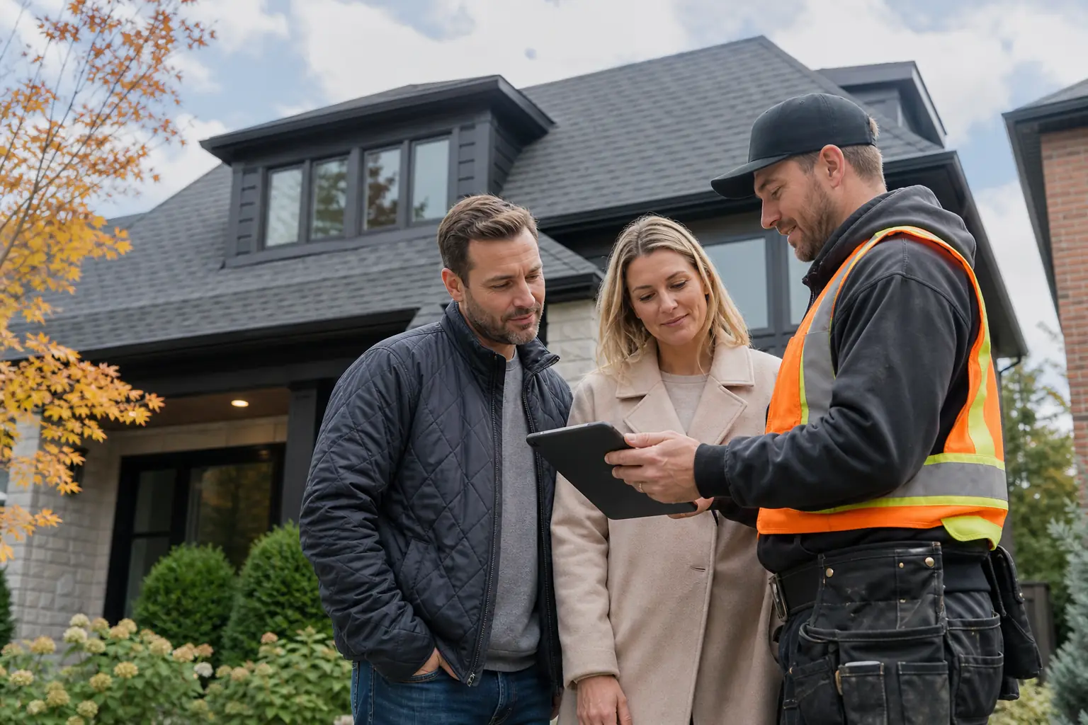 Homeowners reviewing a roofing recommendation with a trusted roofer