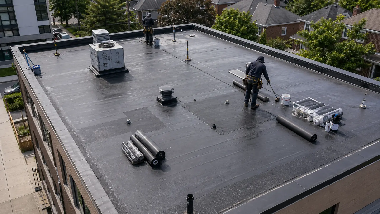 Flat roof repair Toronto — membrane installation on commercial roof